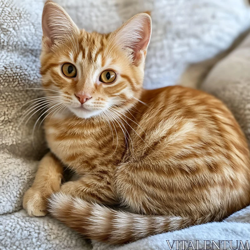 Young Orange Cat Relaxing on Cozy Blanket AI Image