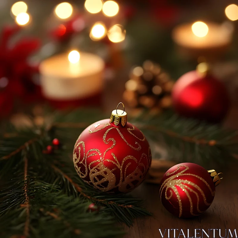 Christmas Decor with Ornaments and Candlelight AI Image