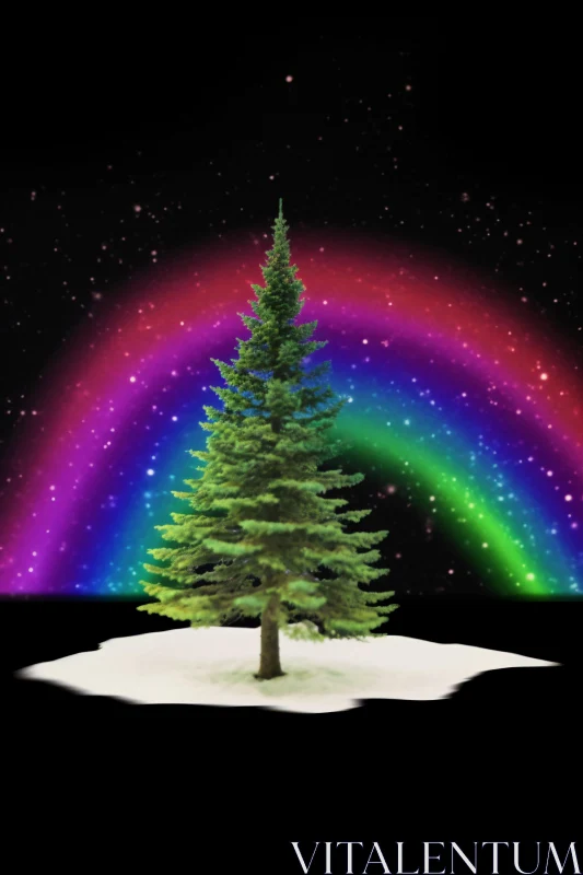 Green Tree in Snow with Rainbow and Stars AI Image