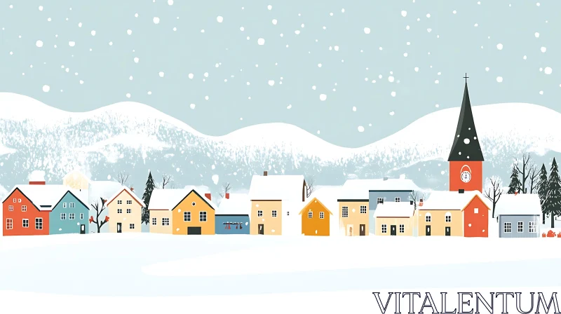 Serene Snowy Village with Church Steeple AI Image