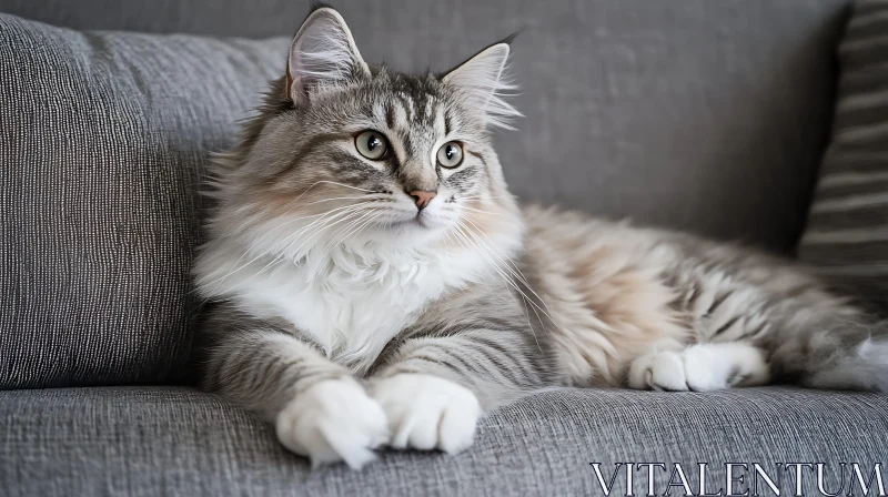 Majestic Gray Cat Lounging on Couch AI Image