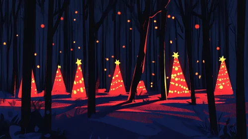 Glowing Christmas Trees in a Dark Forest