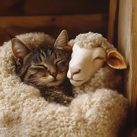 Cat and Sheep in a Cozy Embrace