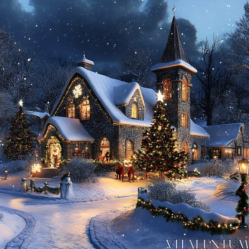 Festive House in Snow with Christmas Decorations AI Image