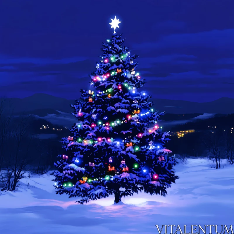 Illuminated Christmas Tree in Winter Wonderland AI Image