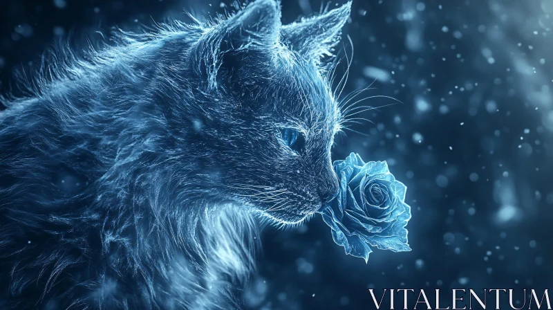 AI ART Mystical Blue Cat and Rose Digital Painting