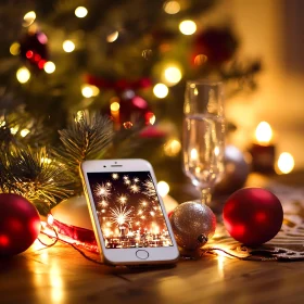 Christmas Fireworks on Smartphone with Holiday Decor