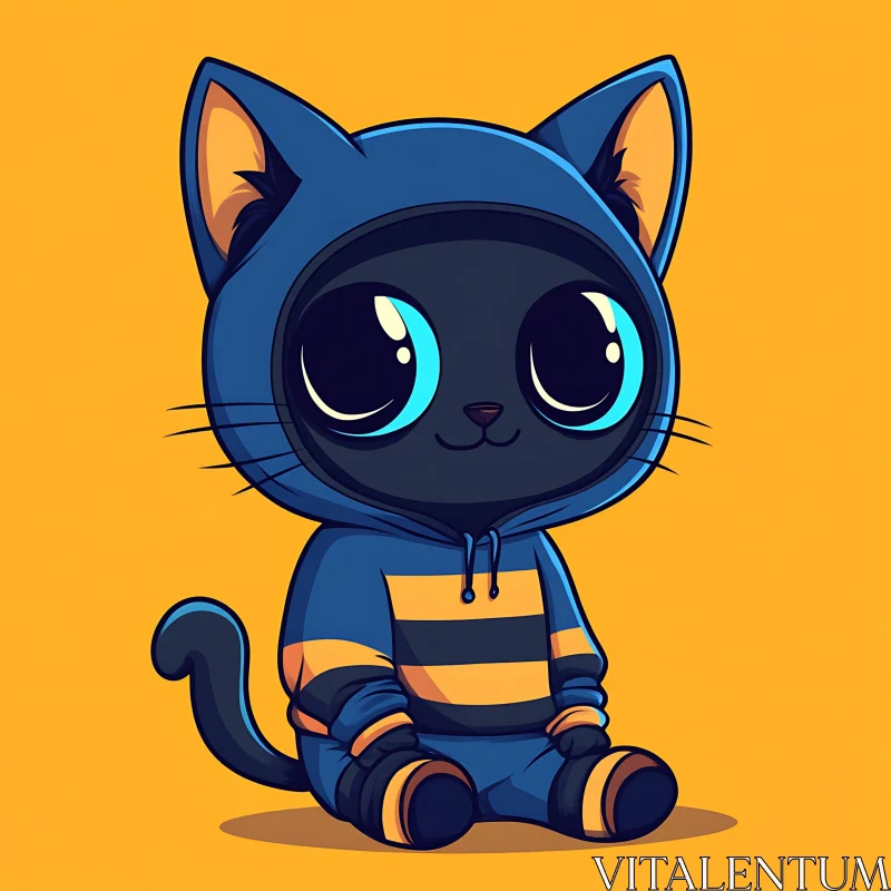 Cute Black Cat Illustration with Blue Hoodie AI Image