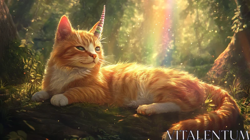 Magical Cat in Rainbow-lit Forest AI Image