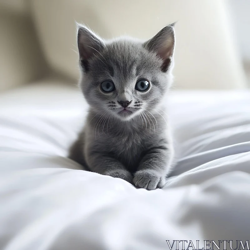 Cute Grey Kitten on White Bed AI Image