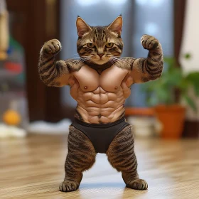 Anthropomorphic Cat Flexing Muscles