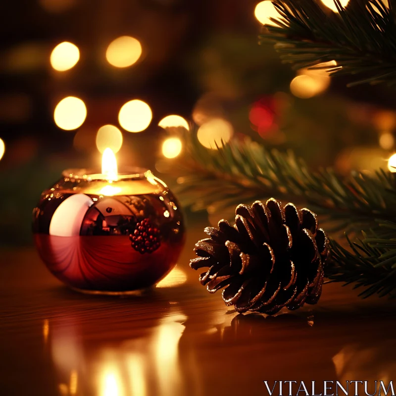 Festive Holiday Candle with Pinecone and Bokeh Lights AI Image