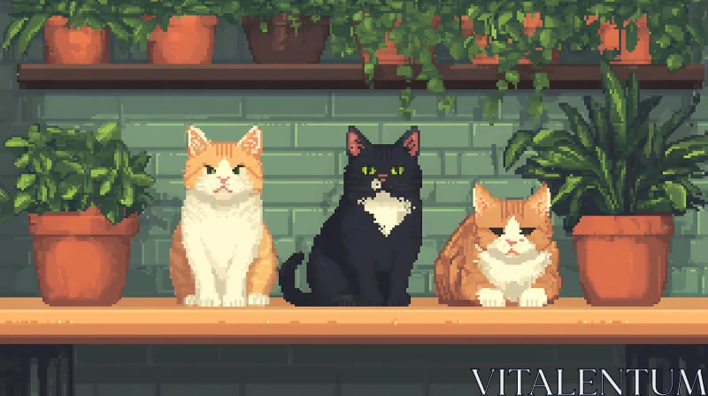 Pixel Trio of Cats on Shelf with Plants AI Image