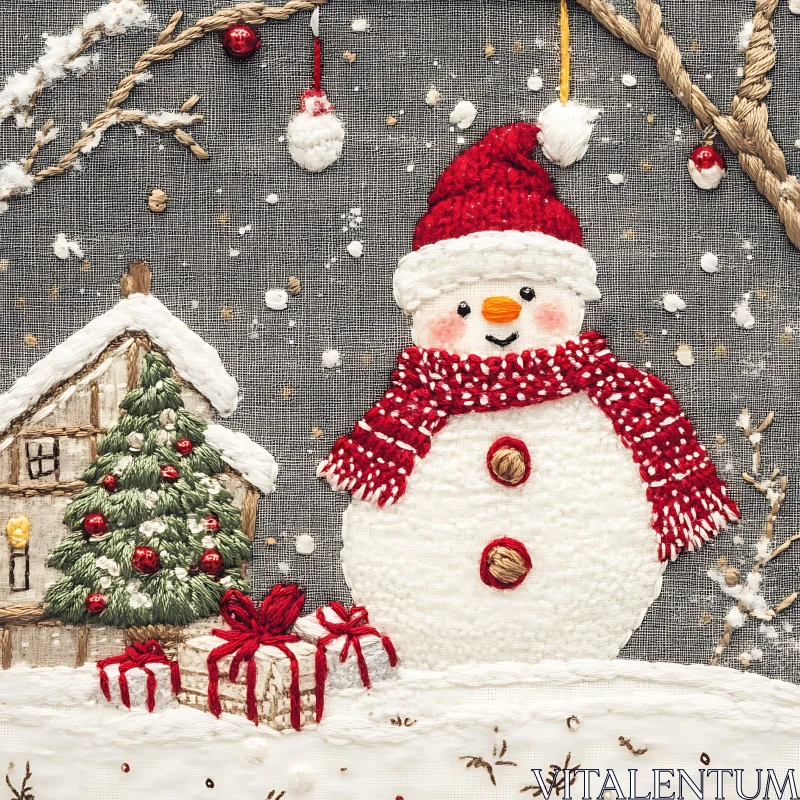 Festive Embroidered Snowman with Gifts and Christmas Tree AI Image