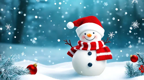 Snowman with Santa Hat and Snowflakes