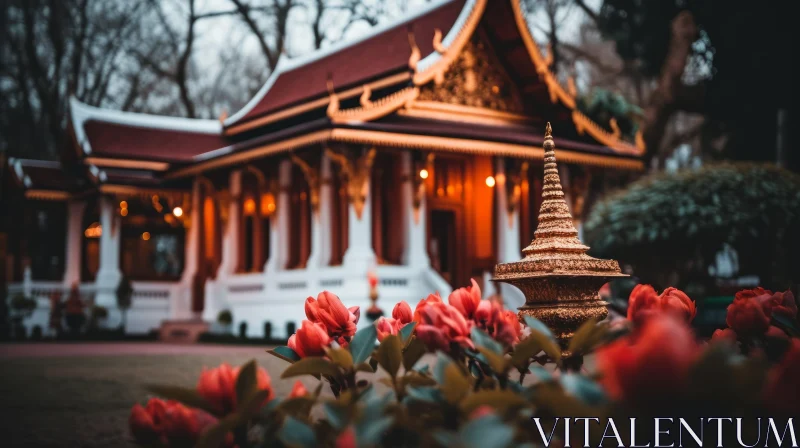 Blurred Pagoda Amongst Red Tulips: A Captivating Image of Thai Artistry AI Image