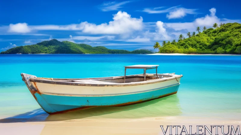 Boat on Beach with Islands and Turquoise Water - Serene Maritime Theme AI Image