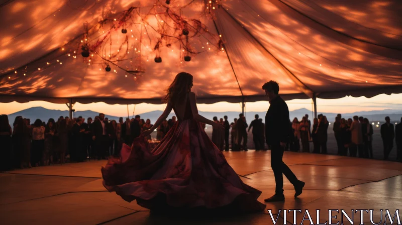 Bride and Groom Dance Under Tent at Sunset - Wedding Celebration AI Image