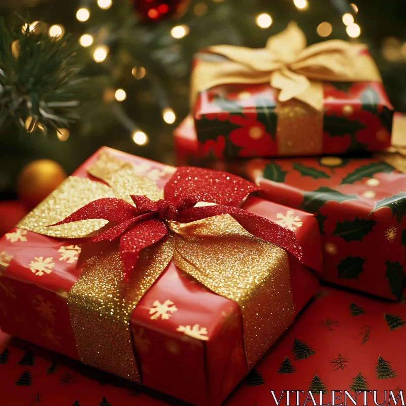 Holiday Wrapped Gifts with Red and Gold Ribbons AI Image