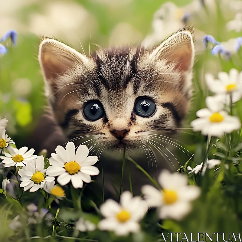 Cute Kitten in Flower Field AI Image