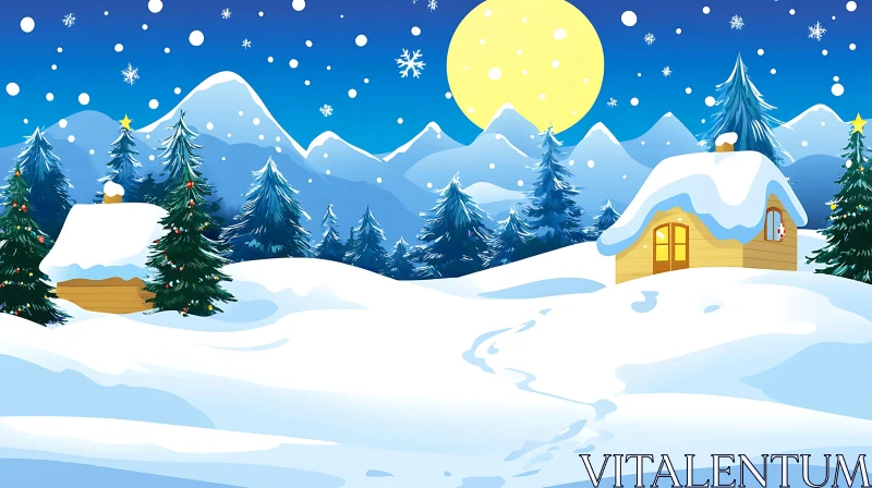 AI ART Winter Night with Snow and Cozy Cabins