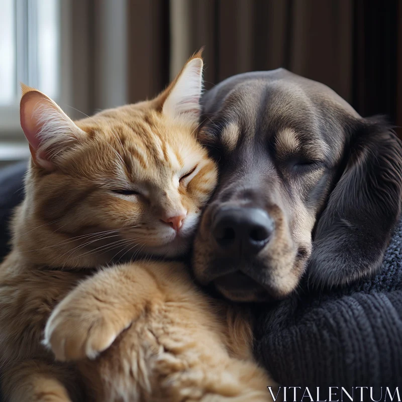 Cat and Dog Enjoying a Cozy Nap Together AI Image