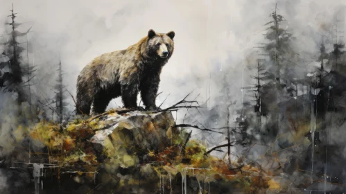 Ink Wash Painting of Bear in Forest - Photorealistic Wildlife Art