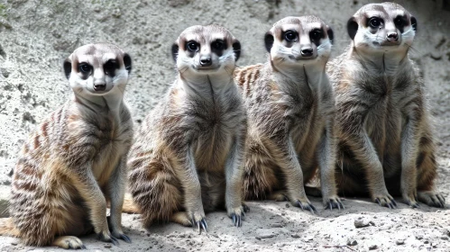Intimate Encounter: Four Meerkats Sitting on Sandy Ground