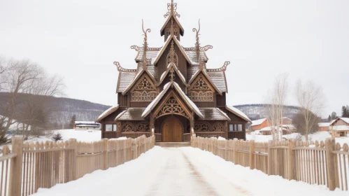 Intricate Wooden Church in Snowy Landscape | Mythology-inspired Art