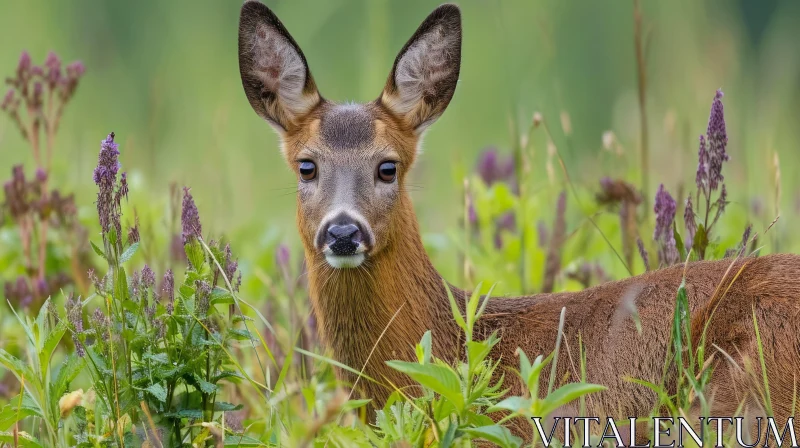 Majestic Roe Deer in a Field of Tall Grass and Wildflowers AI Image