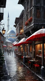 Rainy Day in a City Plaza: Ottoman Art Inspired Scene