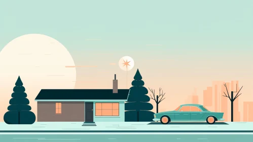 Retro House Scene with Car and Tree - Graphic Illustration