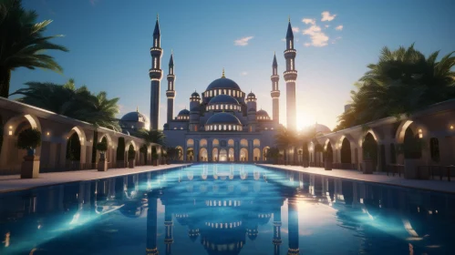 Serene Blue Mosque: A Captivating 3D Rendering of Islamic Architecture