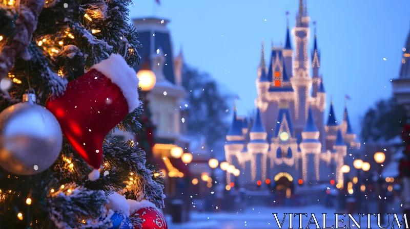 Illuminated Festive Tree and Snow at Christmas Castle AI Image