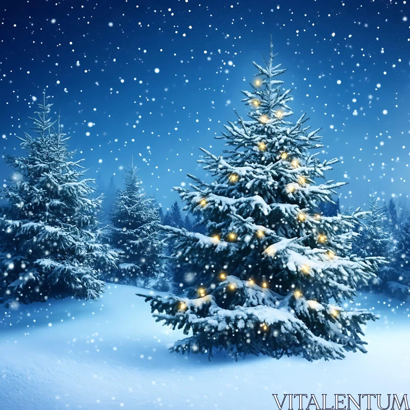 Peaceful Snowy Landscape with Illuminated Trees AI Image