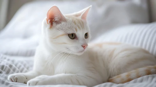 Tranquil White Cat Lounging on Bedding