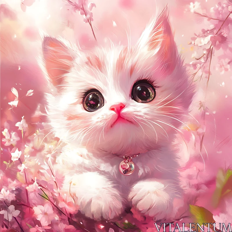 Cute White Kitten Among Blossoms AI Image