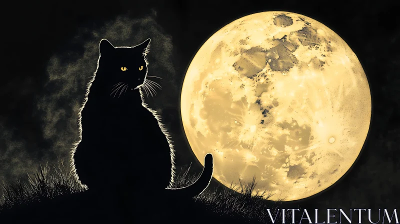 Mysterious Night: Cat and Moon Silhouette AI Image