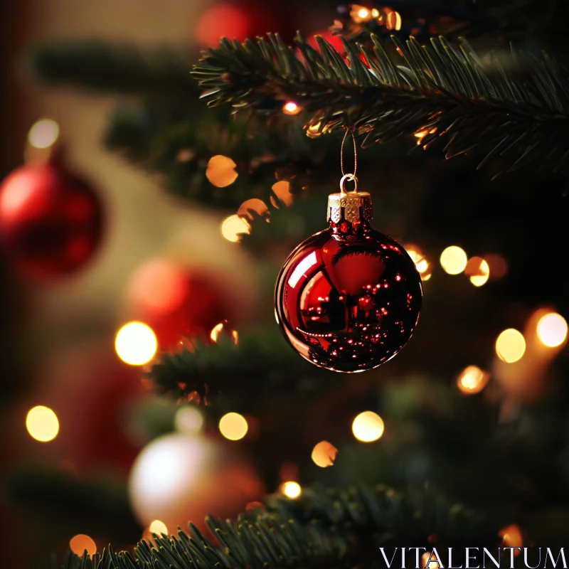 Holiday Decor: Red Christmas Ornament on Tree AI Image