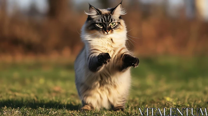 AI ART Fluffy Cat Standing on Hind Legs in Outdoor Setting