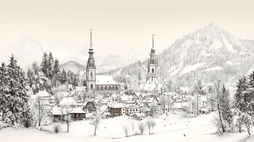 Winter Village with Steepled Churches and Snowy Mountains