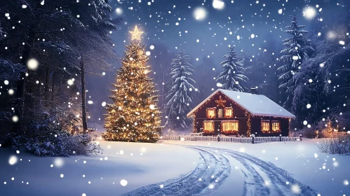 Enchanting Holiday Scene with Festive Cabin and Tree