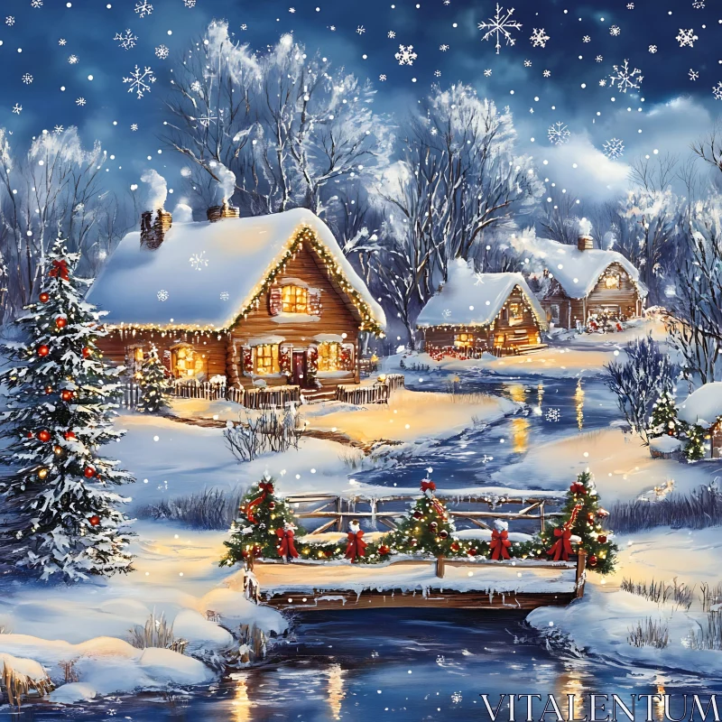 Tranquil Winter Night with Festive Decorations AI Image