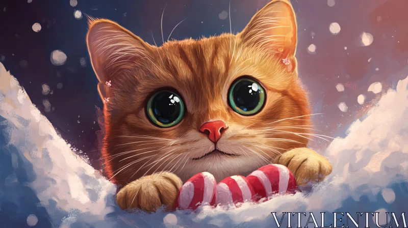 Cute Winter Cat Holding Candy AI Image