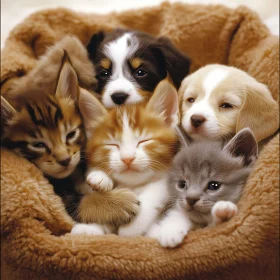 Cute Kittens and Puppies in a Cozy Blanket