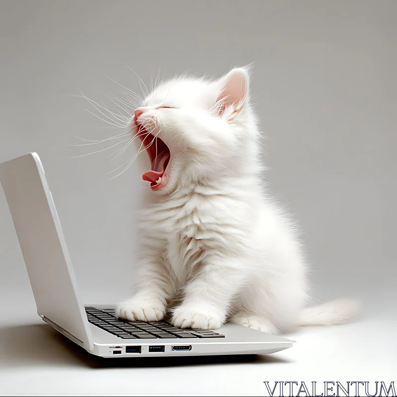 Fluffy Kitten Yawning on Laptop AI Image