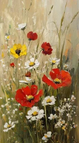 Colorful Floral Artwork Depicting Poppies and Daisies