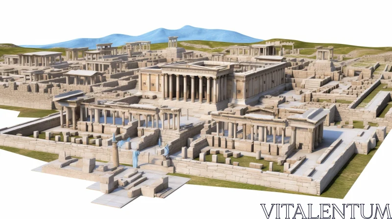 Ancient Greek City Ruins on Hill with Mountains AI Image