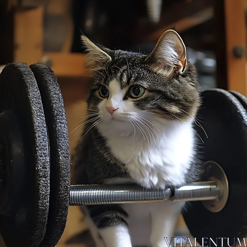 Cute Cat and Gym Dumbbell Interaction AI Image