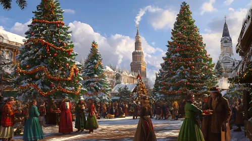 Snowy Christmas Market Scene with Traditional Festivities